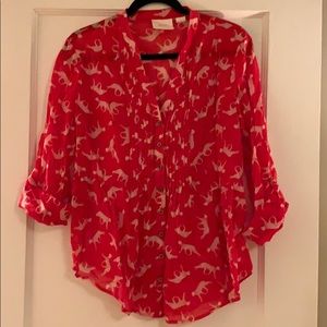 Anthropologie Red Linen Button Down Blouse